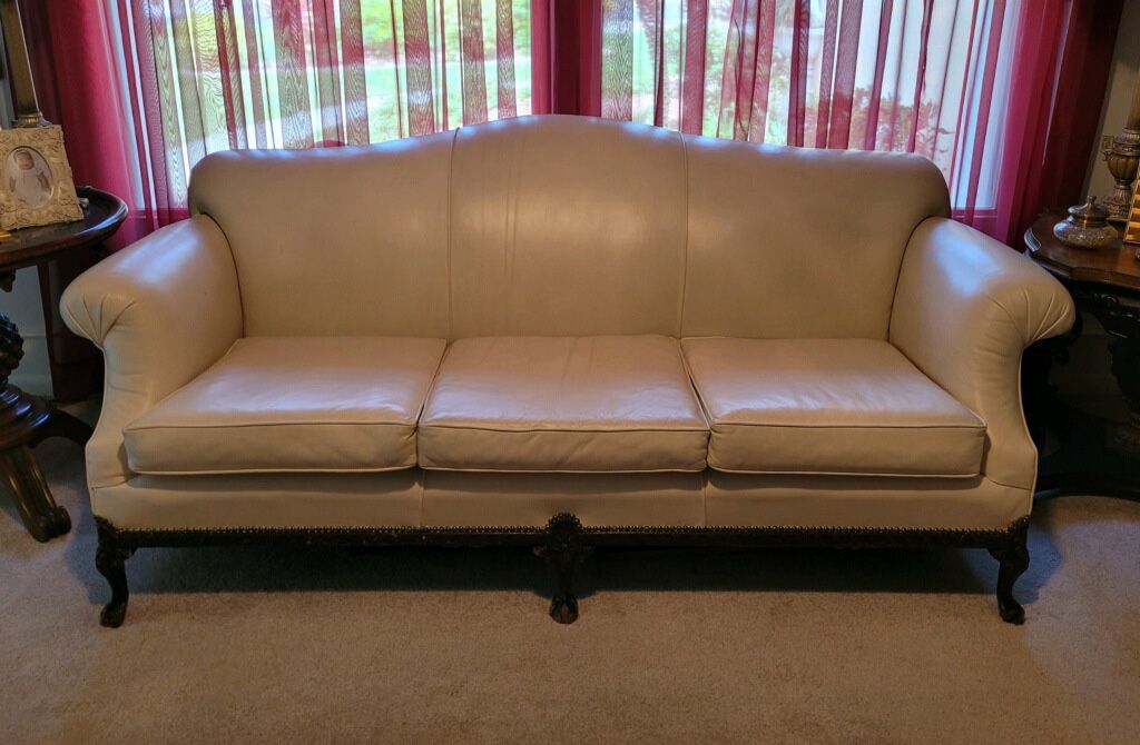 Off White Leather Sofa, Chippendale Style, Camelback, Claw foot 