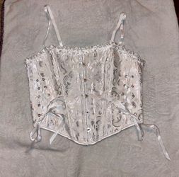 White Brocade Corset with Satin Lace-Up Sides