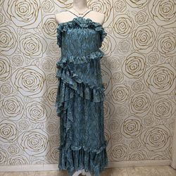 Cinq à Sept Rayner Dress Ruffle Trimmed Blue Printed Halter Midi Cocktail Party Dress