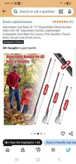 Expandable Metal Garden Rake with 58" Adiustable Handle, Lightweight Collapsible Yard Rake for Leaves, Pine Needles, Flower Beds. Shrubs and Small Law