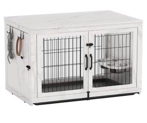 Piskyet Wooden Dog Crate Furniture with 360°Rotatable Removable Dog Bowls, Dog Crate End Table with Tray, Double Doors Dog Kennels for XLarge Dogs Ind