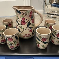 Vintage Hand Painted Pitcher With Juice Glasses 