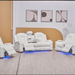New White Leather Power Recliner Sofa & Love Seat With Bluetooth Speakers, LED Lights, Charging & More!