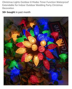 AWQ 50LED 49FT C9 Christmas String Lights Plug in Fairy Twinkle Multicolor Christmas Lights Outdoor 8 Modes Timer Function Waterproof Extendable for I