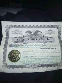 Arizona Western mines inc. capital stock certificate