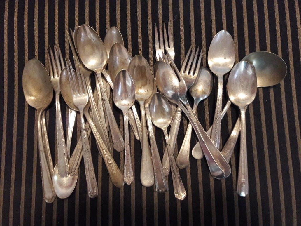 28 antique silver plate silver wear. serving plate. pitcher and more