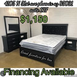 6 PCs Queen Size Bedroom Set Black Include Bed Frame Dresser Mirror 1 Nightstand Pillow Top Mattress And Boxspring Brand New