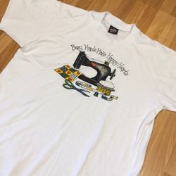 Vintage Sewing machine Seamstress single stitch shirt L Needle Tailor '93 90s Tailoring "Busy hands make happy hearts"