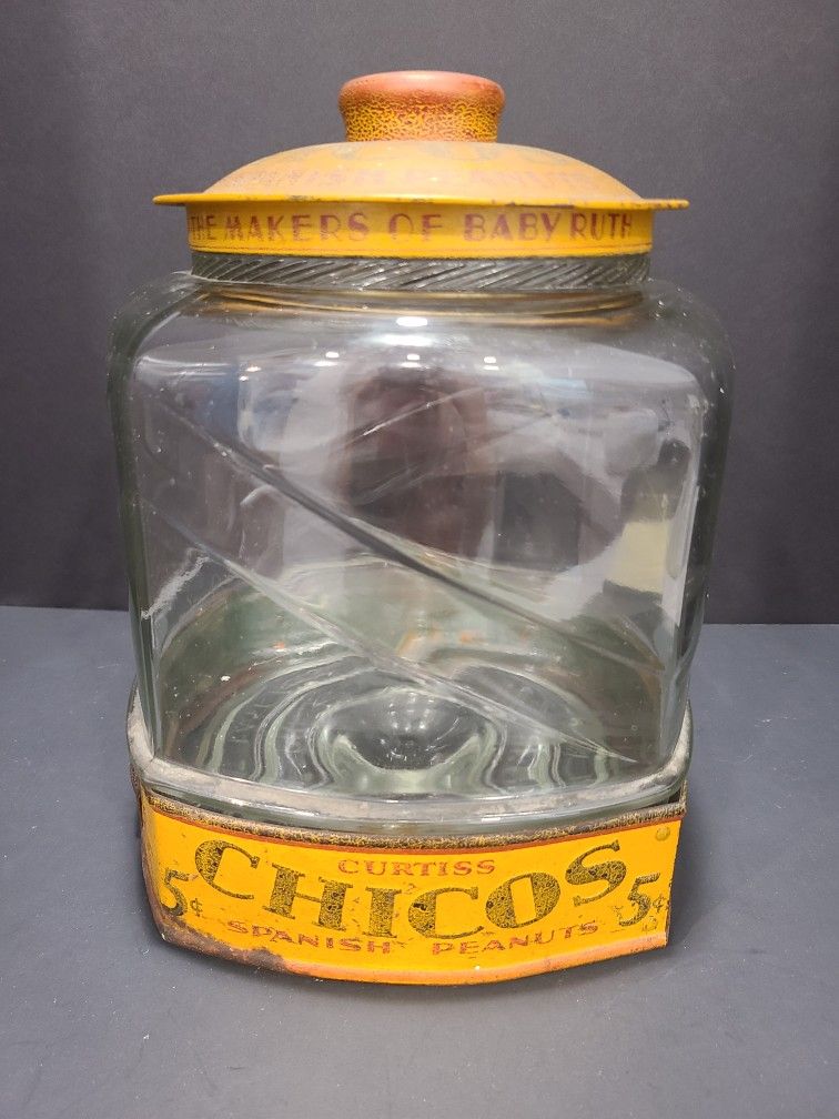 Antique Curtiss Candy Co Chico's 5 Cent Spanish Peanut Glass Jar