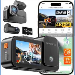 WOLFBOX X5 3 Channel 4K HDR Dash Cam, STARVIS 2 IMX678 8MP Night Vision, 4K+2.5K+1080P Front and Rear Inside Car Camera with 128GB Card and GPS, Suppo
