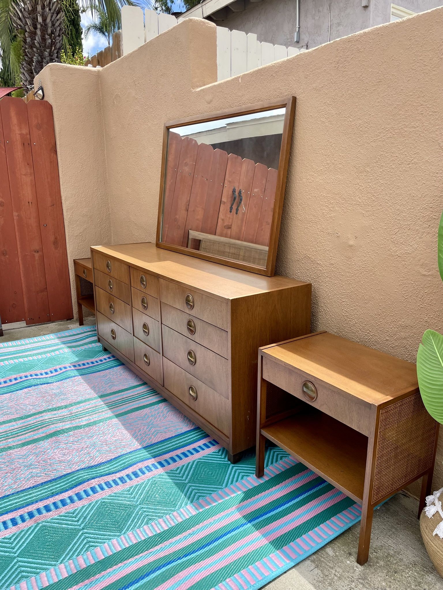 Bedroom Set Dresser Mirror Nightstands Headboard Mid Century Modern Antique Retro MCM vintage