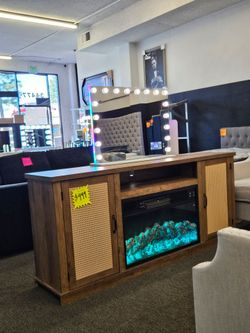 New Tv Stand Brown Oak Fired Place Electric Heather LED & Bluetooth Speaker $299