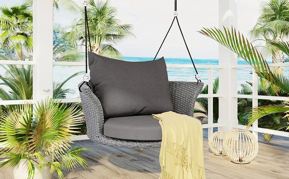 Outdoor Rattan Hanging  Chair / Swing Chair w/ Metal Frame (NO STAND) & Gray Cushions. [NEW IN BOX] **Retails for $205