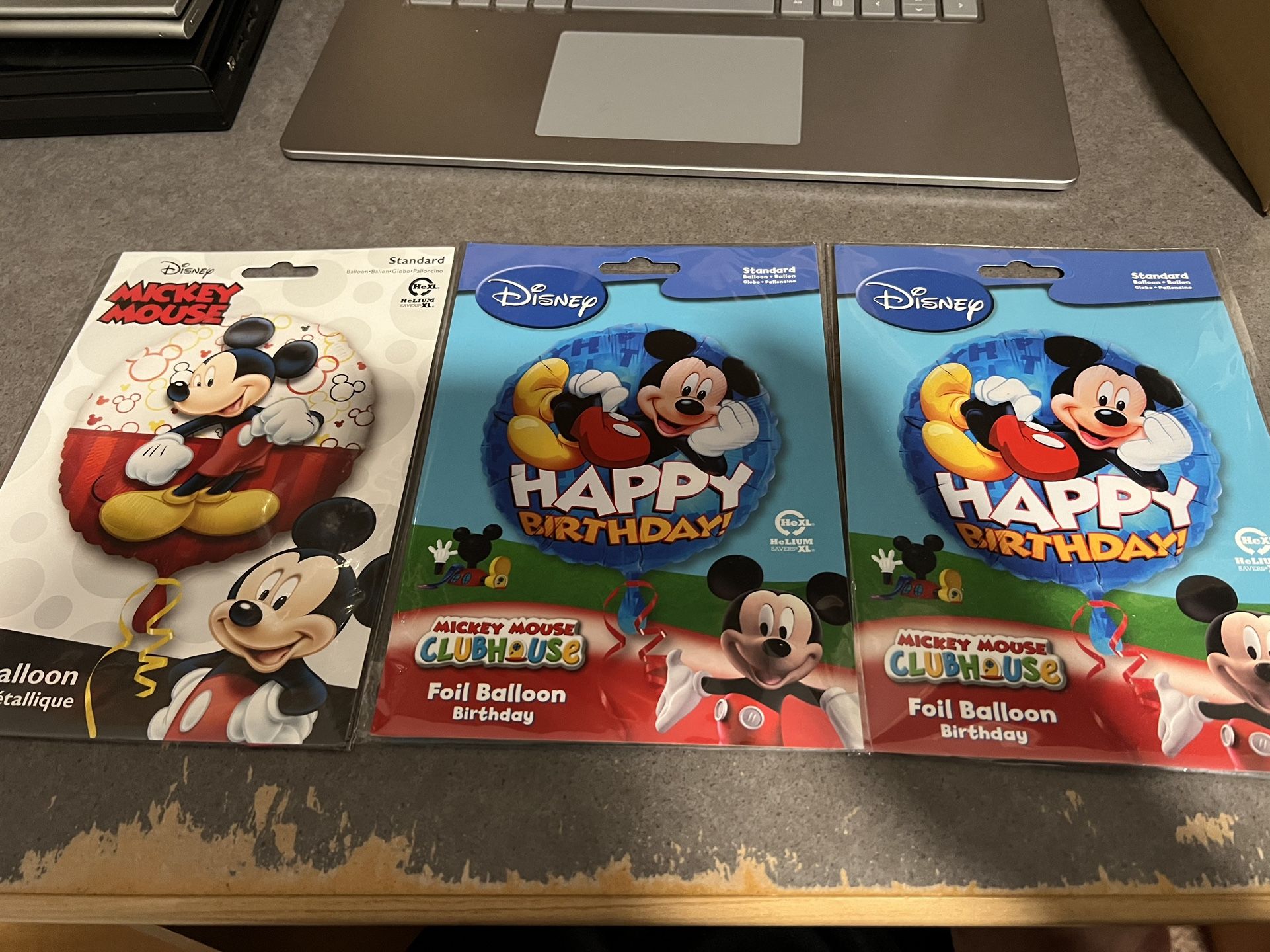 Three Disney Mickey Mouse Foil Helium 17 Inch Birthday Balloons Unopened.