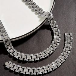 Men's Luxury 2 Pcs Necklace And  Bracelet Set Unique Watch Chain Cuban Link With Inlaid Cubic Zirconia 