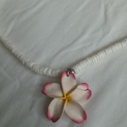 Hawaiian Puka Shell Necklace With Plumeria Flower Pendant
