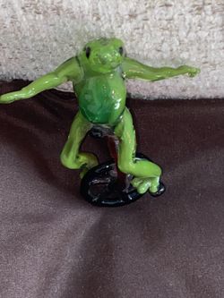 Hand Blown Glass Frog Figurine Riding Bicycle Lampwork Art Miniature