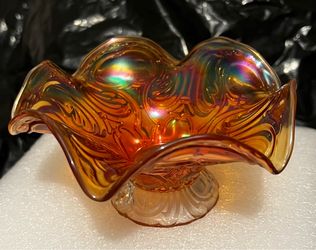 MCM iridescent marigold carnival glass compote