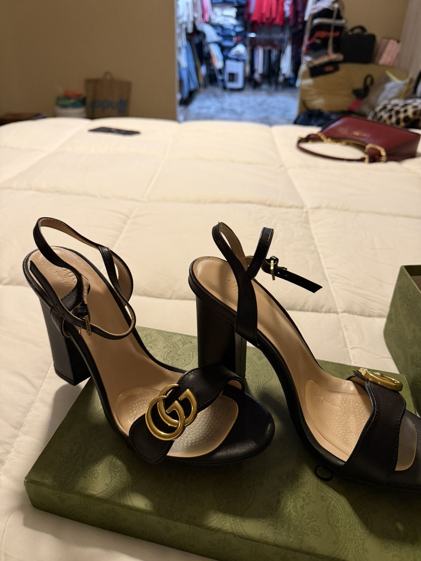 GG Gucci Marmot Leather Block Heel Ankle Strap Sandals