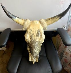 Unique Hand-Decorated Longhorn Bull Skull + Leather Whip - Mountain Man & Bear Art