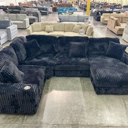 Black Sectional With Oversized Chaise - Soft Fur Like Corduroy 
