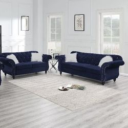 Brand New Blue Velvet Sofa + Loveseat 2PCs Set
