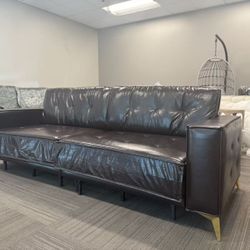 New 92.1'' Pull Out Sofa Bed King, Faux Leather Futon Couch, 3-in-1 Convertible Sleeper Sofa with Tufted Back, Gold Furniture Legs, Deep Love