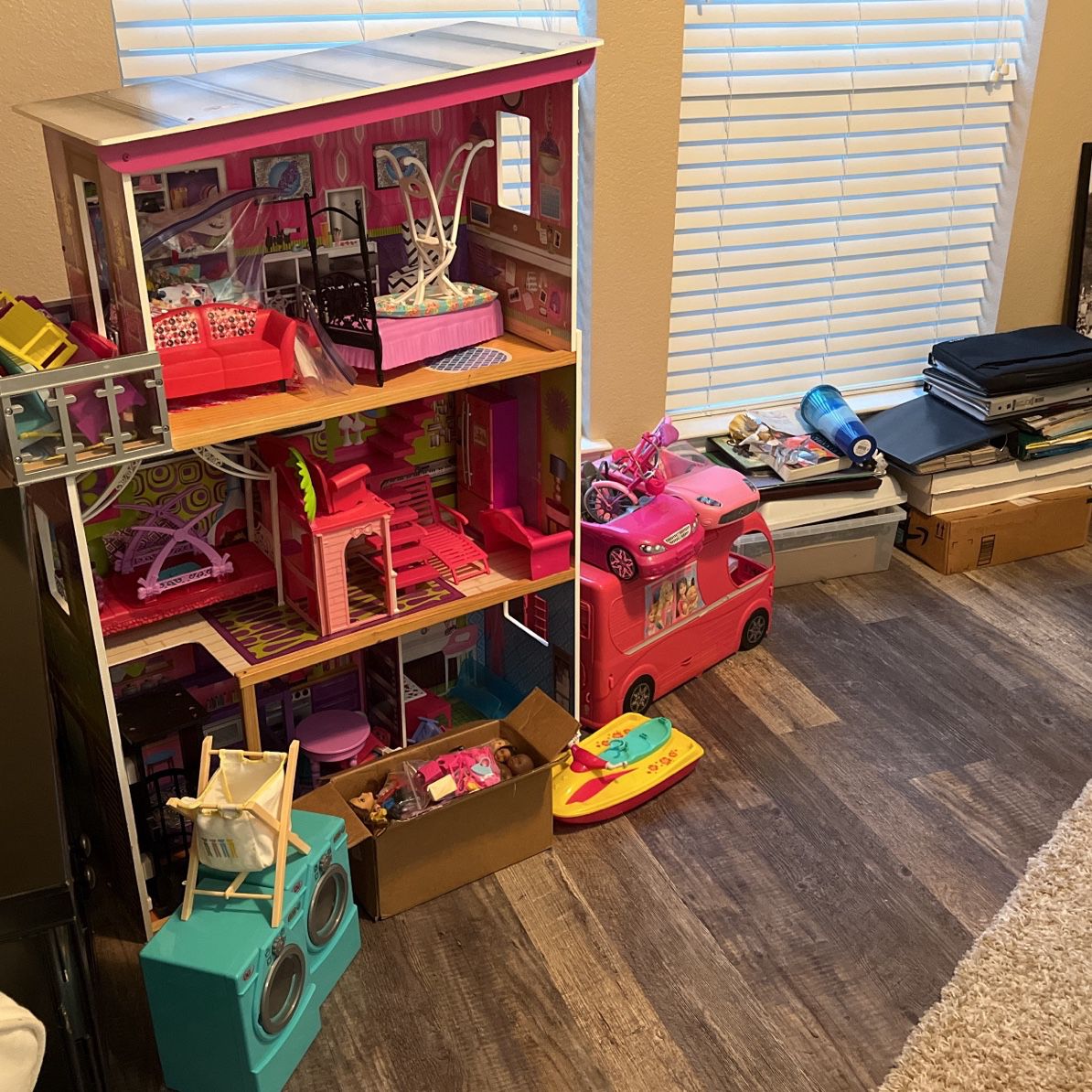 Doll House, Dolls (Some Barbies), Vehicles, RV, Furniture, and Accessories 