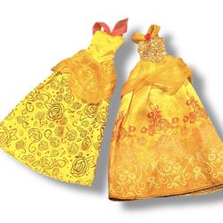 TWO Mattel Barbie Doll DISNEY Belle PRINCESS Replacement Yellow Dresses  Gown
