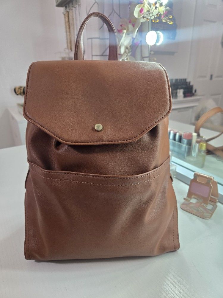 Brown Faux Leather Backpack With Adjustable Straps