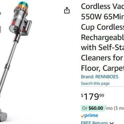 Cordless Vacuum Cleaner, 48KPA 550W 65Mins Oversized Dust Cup Cordless Stick Vacuum, Rechargeable Vacuum Cleaner with Self-Standing, Vacuum Cleaners f