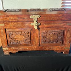 Anglo Indian Carved Wooden Chest With Brass 