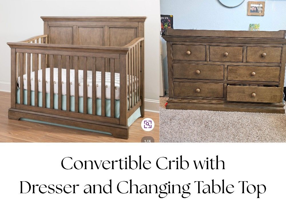 Solid Wood Convertible Crib and Dresser with Removeable Changing Table Top