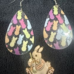 Easter Peeps Earrings & Bunny Rabbit Brooch Pin