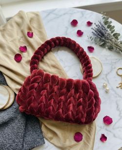 Red Velvet Woven Handbag