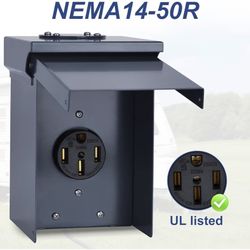 50 Amp RV Power Outlet Box, 125/250V NEMA 14-50R Outdoor Electrical Receptacle Panel, Weatherproof Metal Enclosure for RV Camper Trailer (Blue) 