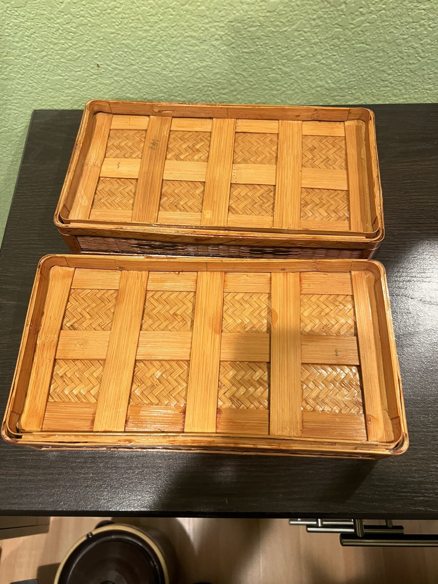 Vintage Chinese Rattan Food Picnic Three Tier Basket 1950s 9”Hx 11”Wx6”D