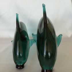 Large Vintage Green Art Glass Dolphin Figurines – 10.5” & 8.5” Hand Blown Style – Set of 2