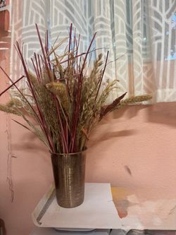 Dried Grass Bouquet in Gold Metal Vase