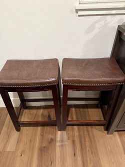 Set of 3 Brown Leather Bar Stools