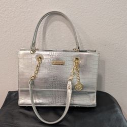 Anne Klein Coast Is Clear Gold Chain  Silver Faux Crocodile-Embossed Tote Women's Purse 