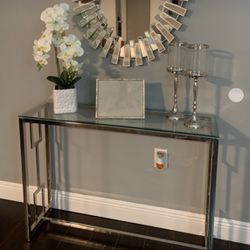 New in box Glass Console Table with Shelves - Modern Glass Entryway Table with Chrome Leg - Accent Narrow Silver Console Table for Living Room, Sofa T