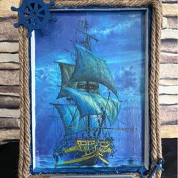 Decoupaged Art Work Of Ship At Sea 