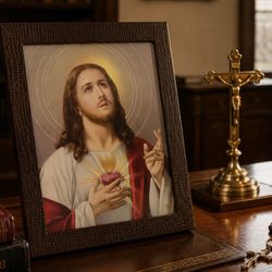 JESUS CHRIST Italy Lizard Skin LEATHER FRAME Orig Vintage Fine Art Print Antique 1937 RARE Collectible Religion Sacred Heart Christian Christianity