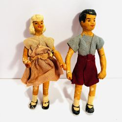 Vintage Dollhouse Dolls - Girl / Boy Poseable Wooden Dolls Caco style Antique