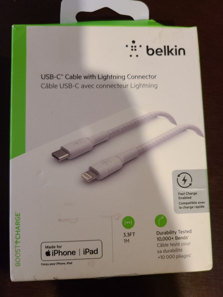 Belkin® Lightning-To-USB-C Braided Cable, 3.3', White $12