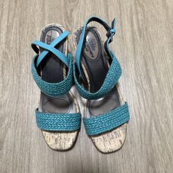 Lifestride WN SZ 6.5 Aqua Fabric Wedge Heel Sandal 