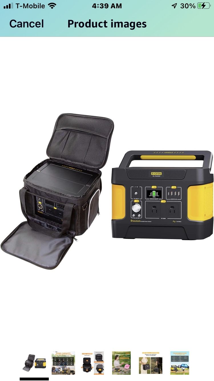 Evopow Portable Power Station E600 with Carrying Case Bag, 515Wh LiFePO4 Battery, 110V/600W Pure Sine Wave AC Outlets, Solar Generator for Outdoors Ho