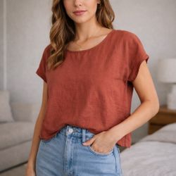Norm 88 Rust Linen Blend Minimalist Crop Top Size 8 EU 38