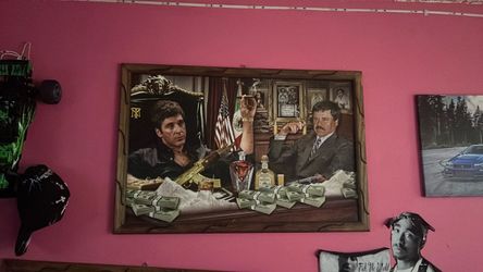 Paintings and posters featuring El Chapo Guzman, Scarface (Tony Montana